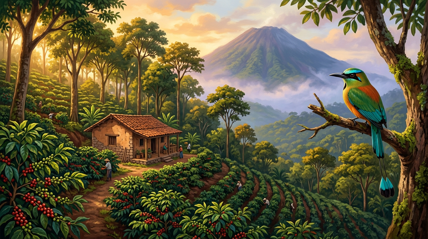 Finca de café bajo sombra en una ladera volcánica de Usulután al atardecer